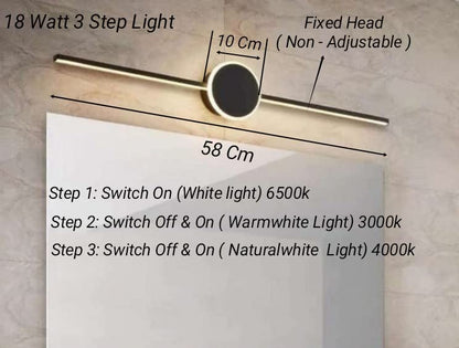 Swanart 18W modern LED mirror light with three modes, sleek black finish, white, warm white, and neutral white lighting options