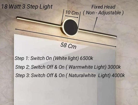 Swanart 18W modern LED mirror light with three modes, sleek black finish, white, warm white, and neutral white lighting options