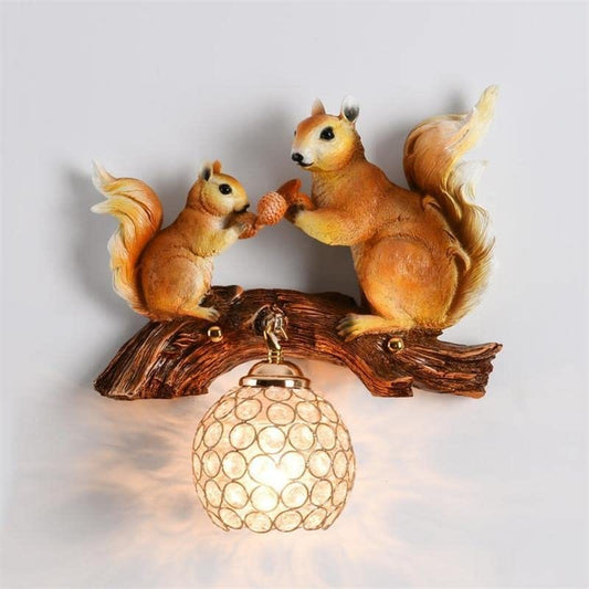 Whimsical Squirrel Resin Wall Sconce Light - Charming Dual Squirrels on Branch Design with Sparkling Crystal Shade - Unique Indoor Wall Lamp for Home - Rustic Woodland Animal Decor Accent Lighting - Swanart