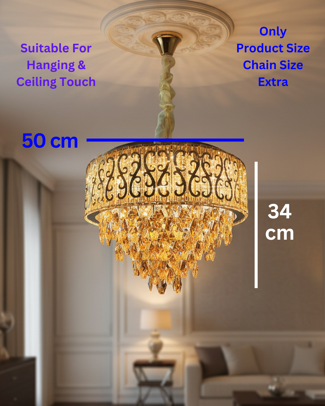 Swanart crystal chandelier with gold finish hanging LED ceiling light, modern decorative fixture for living room, bedroom, or hall.