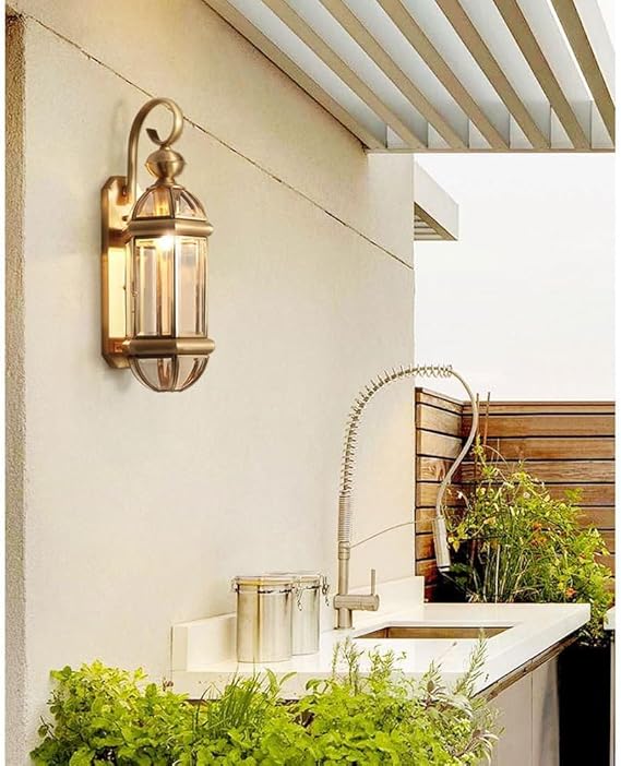 Swanart Outdoor Wall Lantern Light, All Copper & Glass Exterior Wall Sconce with E27 Base, Waterproof Vintage Gold Porch Lamp for Garden, Villa, Courtyard & Entryway Decor - Swanart