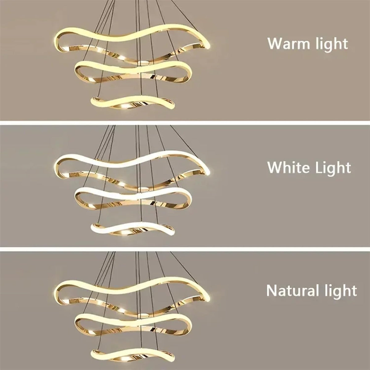 Swanart modern LED hanging pendant light with wave design, gold finish, 3-color dimmable LED ceiling fixture for living or dining room