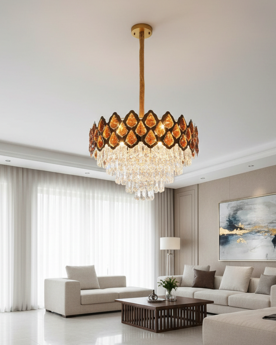Elegant Swanart crystal chandelier with multiple pendant lamps featuring sparkling crystal accents for luxurious home decor.