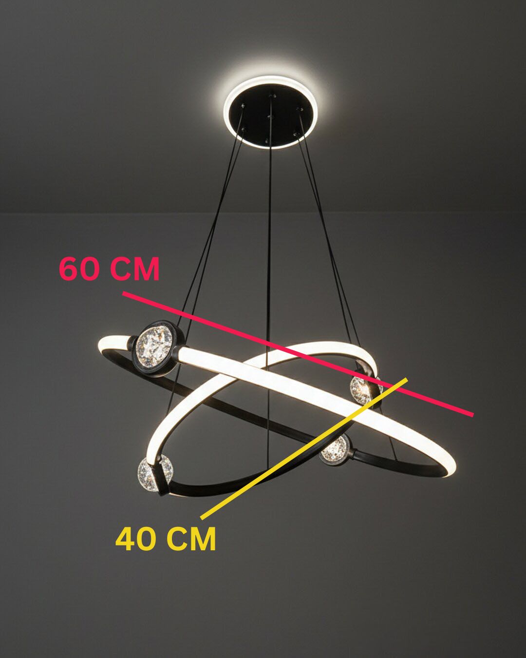 Swanart Modern Orbit LED chandelier with black ring and crystal accents, hanging ceiling light ideal for living, dining, or bedroom.