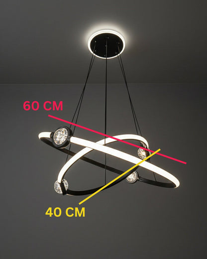 Swanart Modern Orbit LED chandelier with black ring and crystal accents, hanging ceiling light ideal for living, dining, or bedroom.