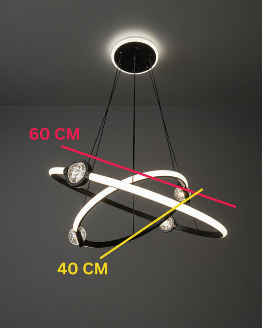 Swanart Modern Orbit LED chandelier with black ring and crystal accents, hanging ceiling light ideal for living, dining, or bedroom.