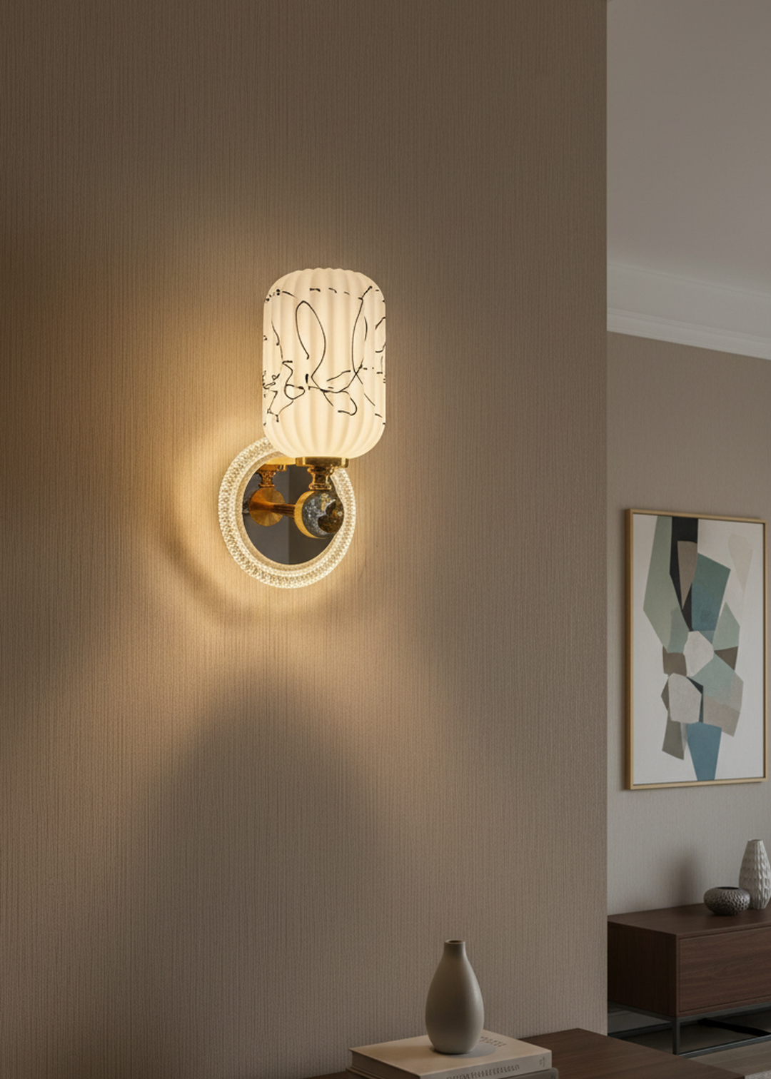Swanart modern color-changing wall light mounted on a wall, featuring sleek design and adjustable LED lighting for home decor.