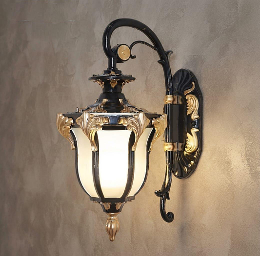 Swanart Antique Outdoor Wall Lantern, Vintage Black Gold Wall Light with Frosted Glass Shade, Decorative Gate Light, Balcony Light & Exterior Wall Lamp for Entrance, Porch and Home