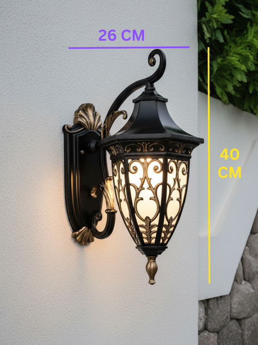 Swanart antique outdoor wall lantern in black and gold, vintage-style gate light with decorative design for porch, patio, or garden.