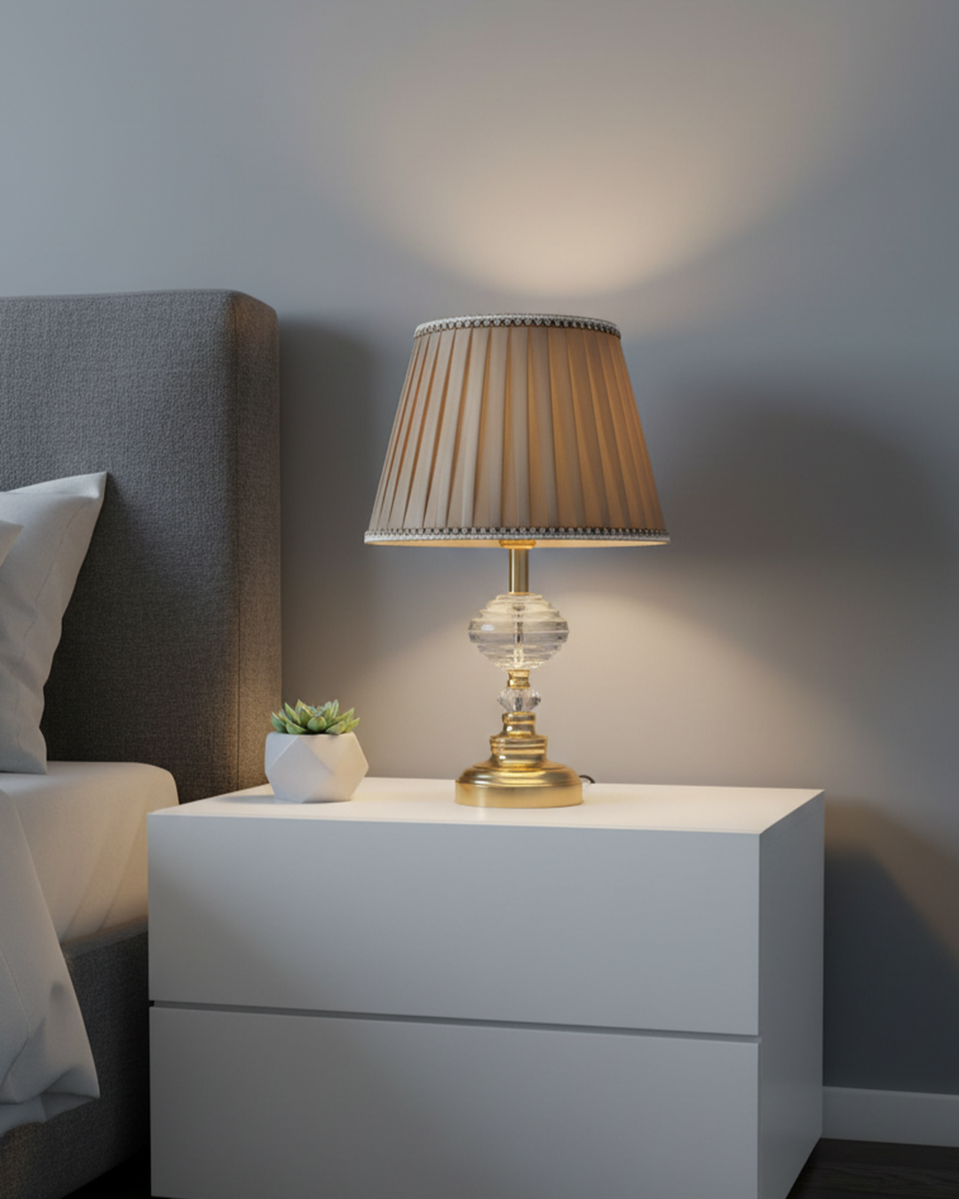 Swanart modern crystal bedside table lamp with gold base, fabric shade, warm light, perfect for bedroom and living room decor.