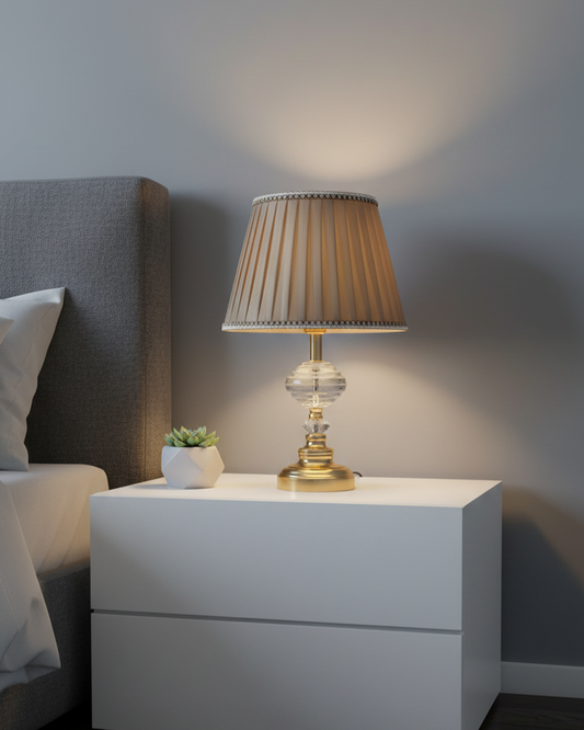 Swanart modern crystal bedside table lamp with gold base, fabric shade, warm light, perfect for bedroom and living room decor.