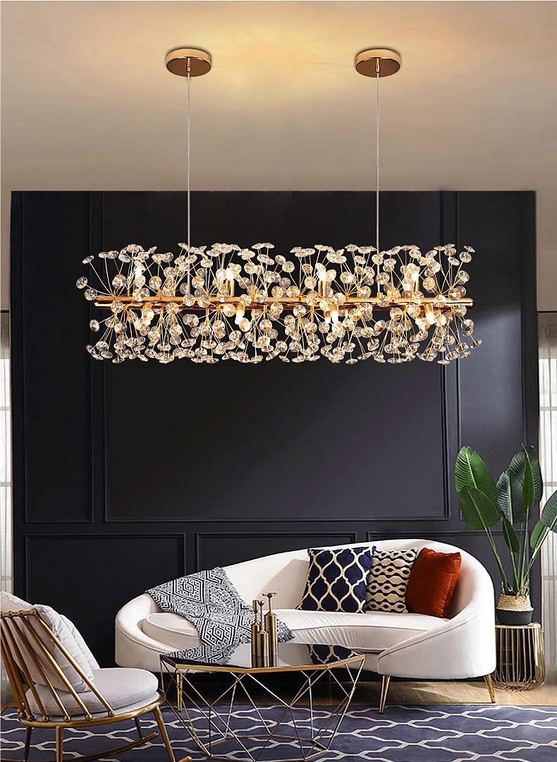 Swanart modern crystal chandelier with gold finish, LED hanging light fixture for living room, dining, hall, or bedroom decor.