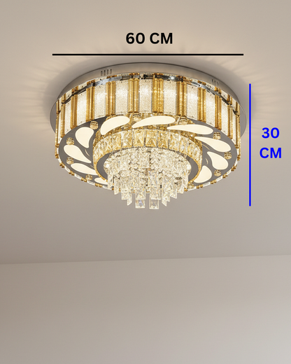 Swanart golden crystal chandelier with intricate design and shimmering crystals, hanging from a ceiling.