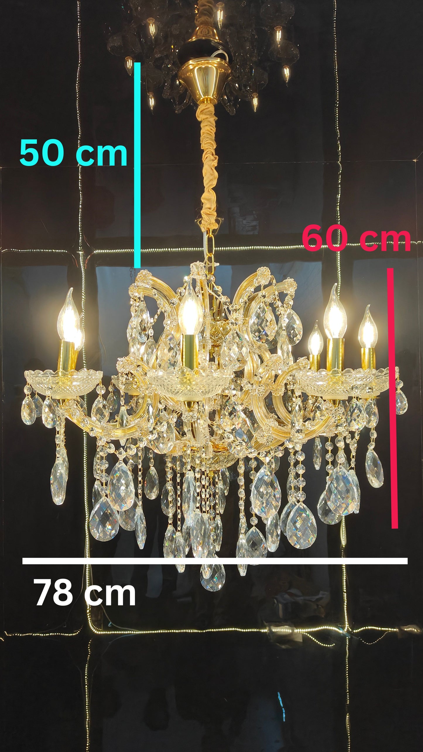 Swanart luxury crystal chandelier with 8 gold lights, glass crystals, 78cm wide, elegant modern ceiling fixture for living and dining rooms