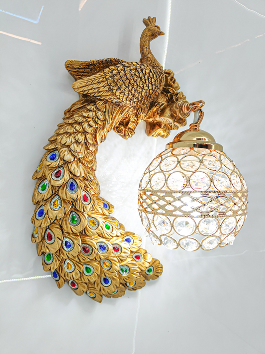 Elegant Glitzail Peacock Wall Lamp with Golden Finish – Decorative Wall Light with Crystal Globe Shade | Intricate Handcrafted Design | Multicolor Accents | Ideal for Living Room, Bedroom & Home Décor - Swanart