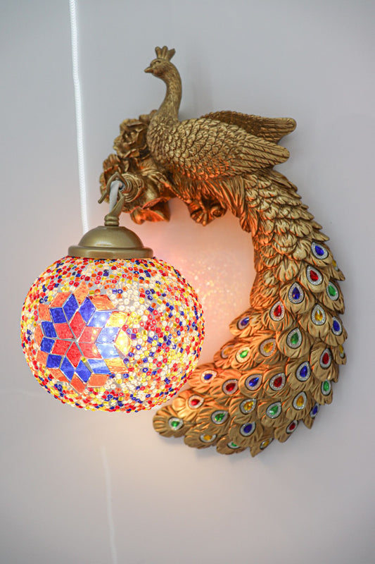 Swanart Elegant Glitzail Peacock Wall Lamp with Golden Finish – Decorative Wall Light with Crystal Globe Shade | Intricate Handcrafted Design | Multicolor Accents | Ideal for Living Room, Bedroom & Home Décor - Swanart