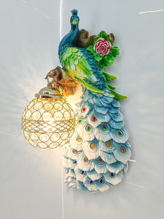Swanart Decorative Peacock Wall Light with Crystal Lamp – 46 cm Artistic LED Wall Mount Light, Vibrant Colors & Gold Accents for Bedroom, Living Room, and Hallways – 3D Handcrafted Design - Swanart