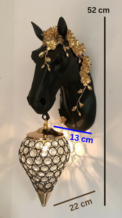 Swanart horse head wall light with crystal lamp, black and gold modern LED sconce for bedroom or living room decor.