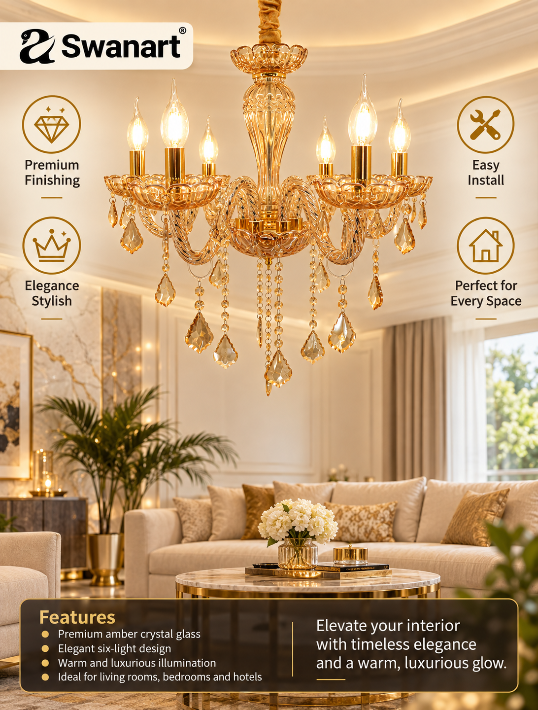 Swanart modern K9 crystal chandelier with clear crystal pendant lighting, Italian ceiling light fixture for elegant decor.