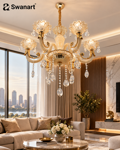 Elegant Swanart Venetian glass Italian chandelier with intricate glass details, perfect for timeless ambient lighting.