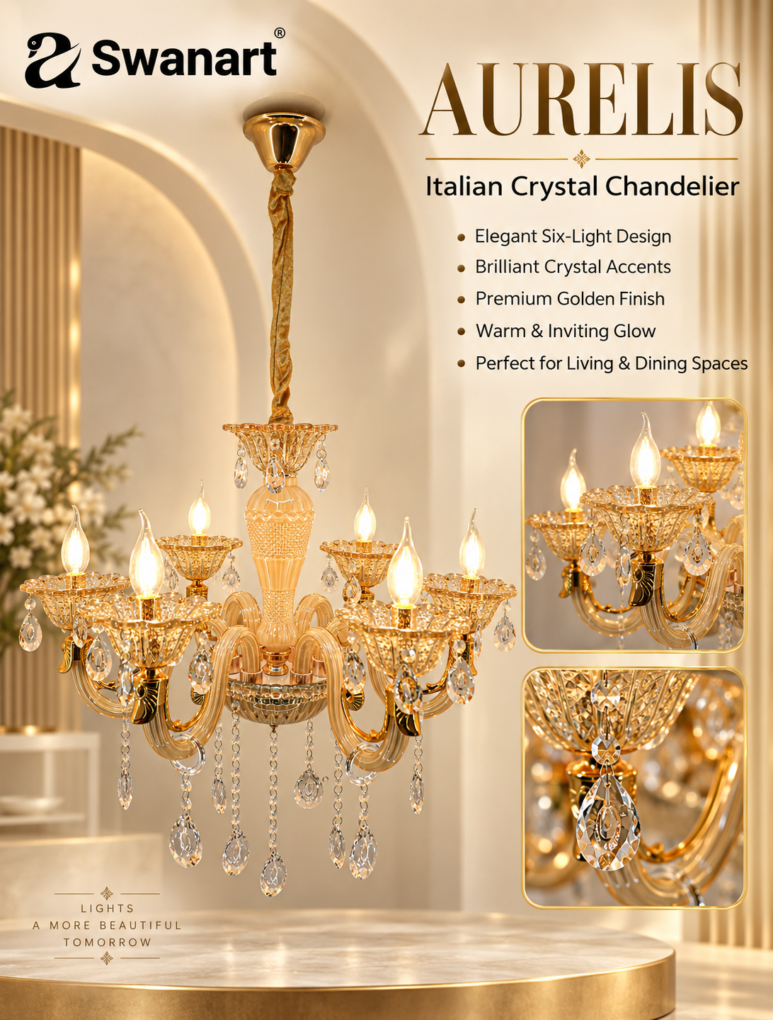 Elegant Swanart Venetian glass Italian chandelier with intricate glass details, perfect for timeless interior lighting.