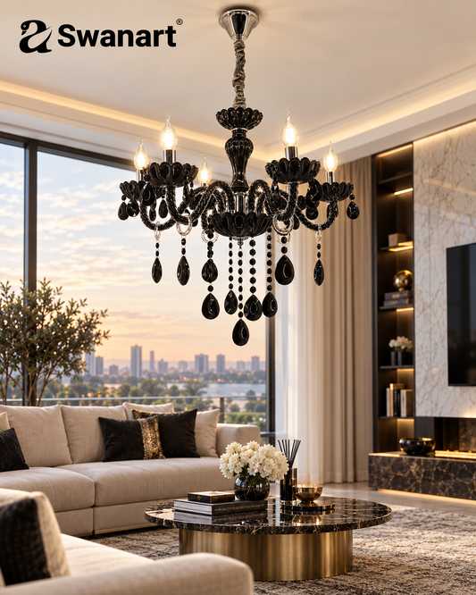 Swanart Gothic Glamour Italian chandelier featuring a black crystal chandelier with intricate gothic design and elegant black crystals.