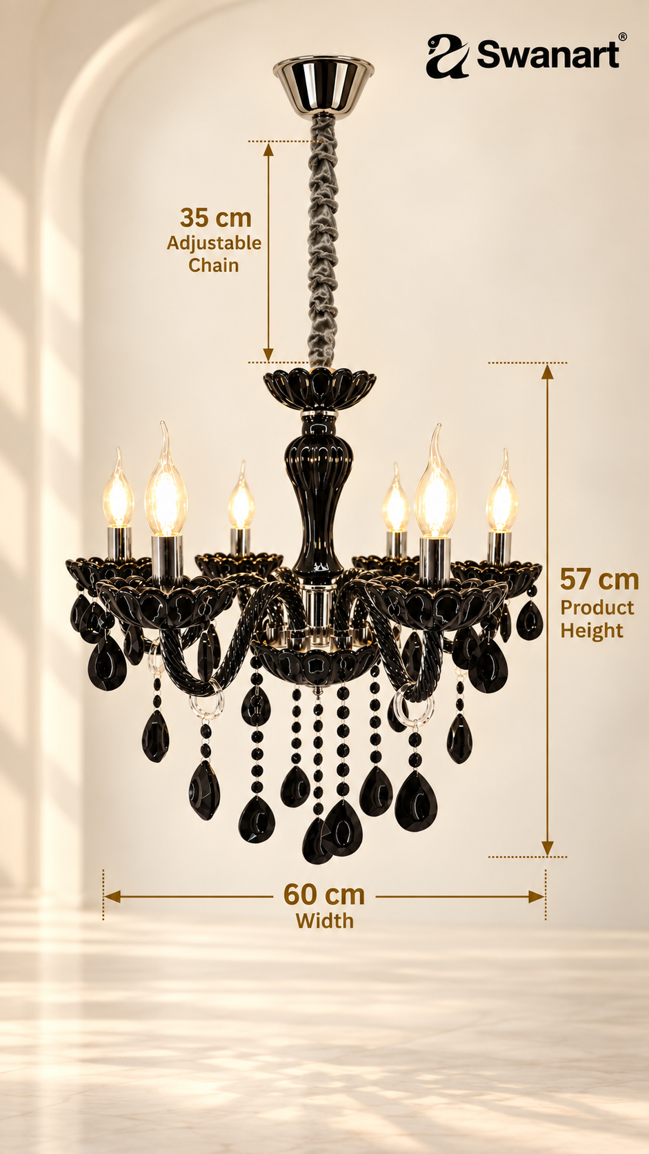 Swanart Gothic Glamour Italian chandelier with black crystals and ornate design, showcasing a luxurious Gothic style.