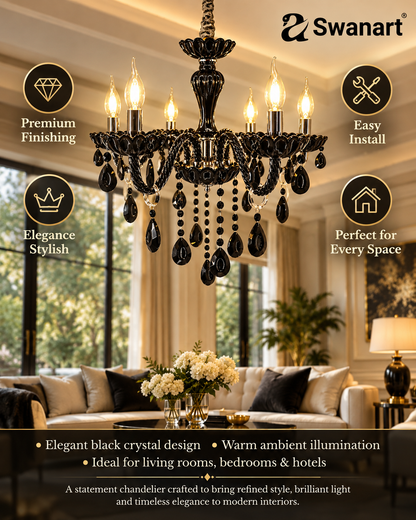 Elegant Swanart Gothic Glamour Italian chandelier with black crystal accents and intricate metalwork.
