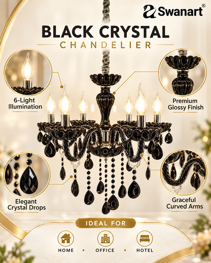 Swanart Gothic Glamour Italian chandelier with black crystal accents and ornate metal frame, hanging with intricate detailing.