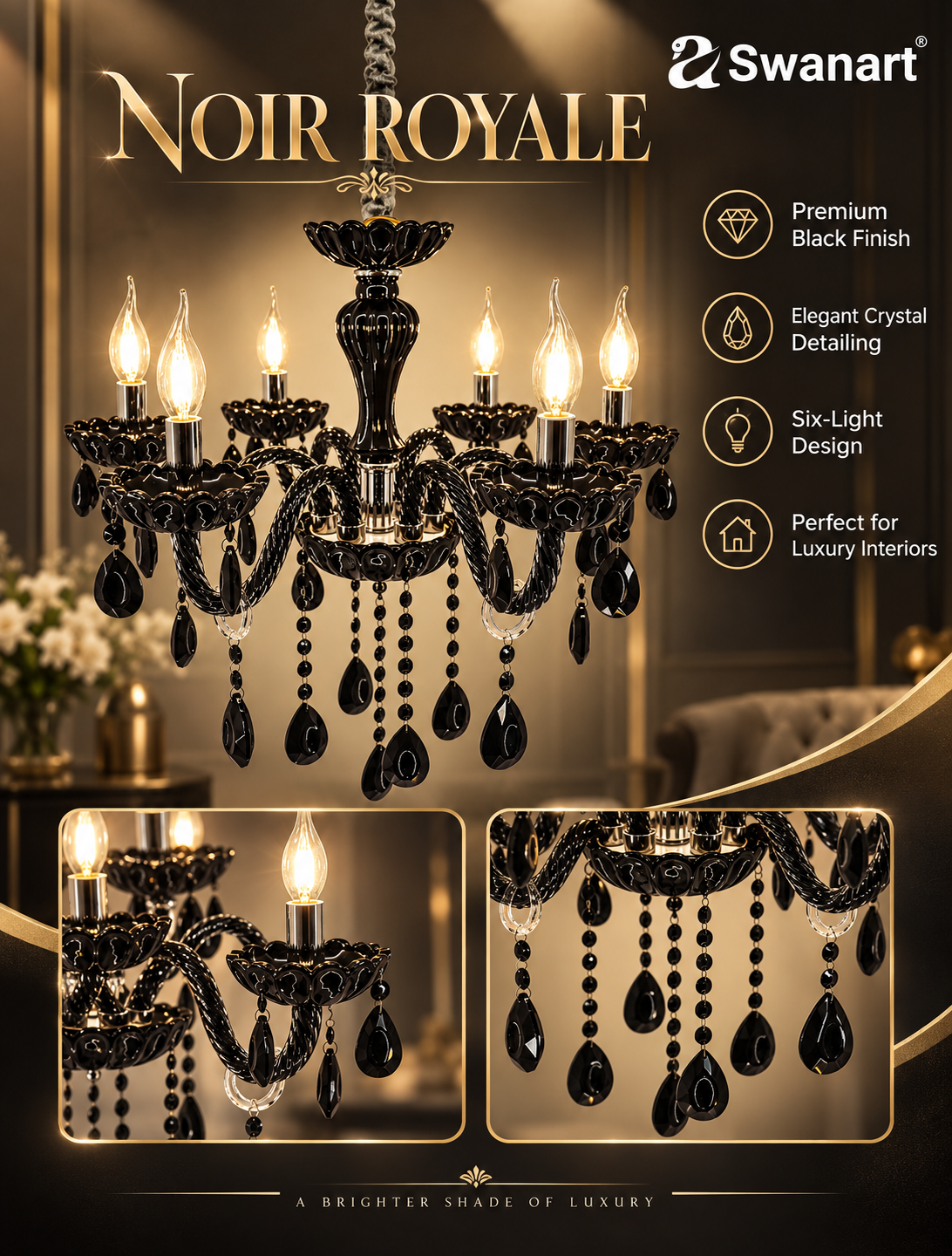 Swanart Gothic Glamour Italian chandelier with black crystal accents and ornate gothic design, hanging chandelier for elegant interiors.