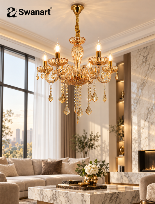 Swanart modern Italian chandelier with clear K9 crystals, hanging ceiling light fixture with pendant lamp design.