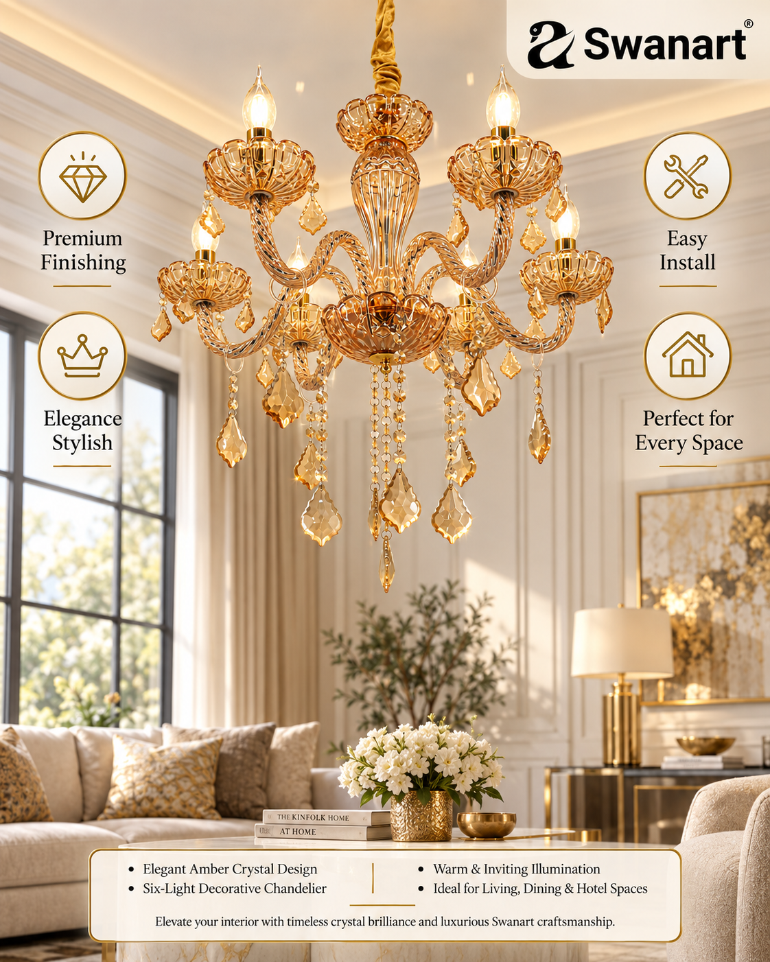 Swanart modern K9 crystal chandelier with clear hanging crystals, Italian-style ceiling pendant light fixture, elegant lighting fixture