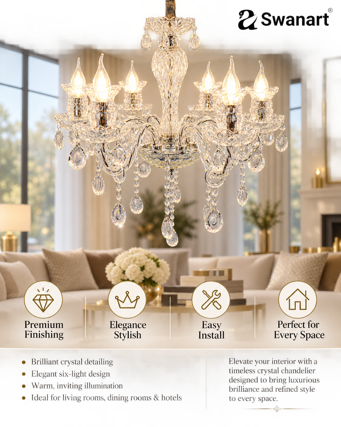 Swanart Elegant K9 Crystal Italian chandelier with six lights, modern European design, perfect for living room, dining, or bedroom.