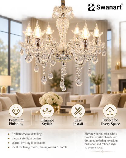 Swanart Elegant K9 Crystal Italian chandelier with six lights, modern European design, perfect for living room, dining, or bedroom.