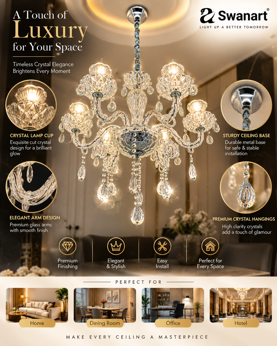 Swanart elegant K9 crystal Italian chandelier with six lights, modern European design, ideal for living room, dining, or bedroom.