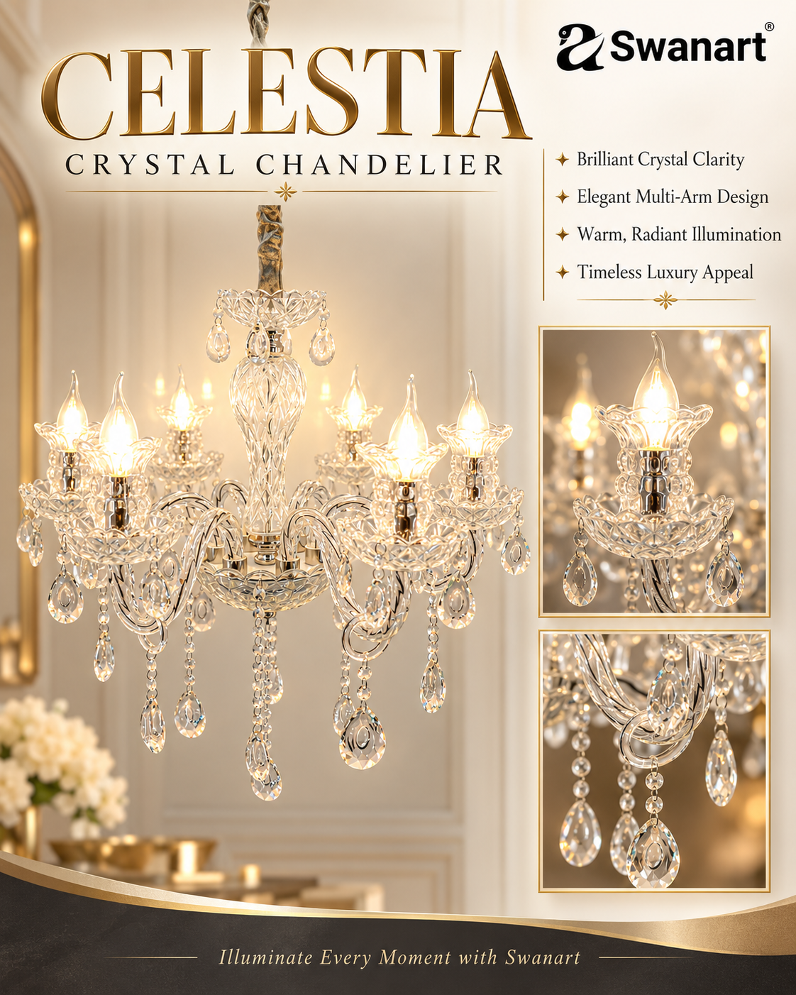 Swanart Elegant K9 Crystal Italian chandelier with six lights, modern European design, hanging from a ceiling in a living room setting.