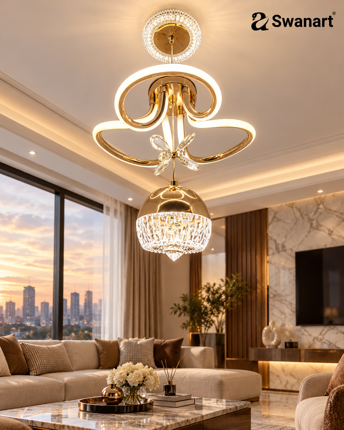Swanart modern LED chandelier with crystal pendant, gold finish, dimmable ceiling light fixture for living room, dining room, or bedroom