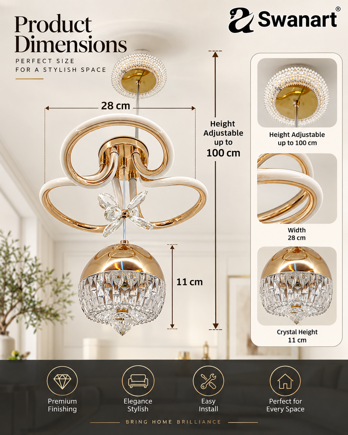 Swanart modern LED chandelier with crystal pendants, gold finish, dimmable ceiling light fixture for living, dining, or bedroom.