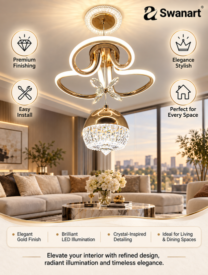 Swanart modern LED chandelier with crystal pendant, gold finish, dimmable ceiling light fixture for living, dining, or bedroom.