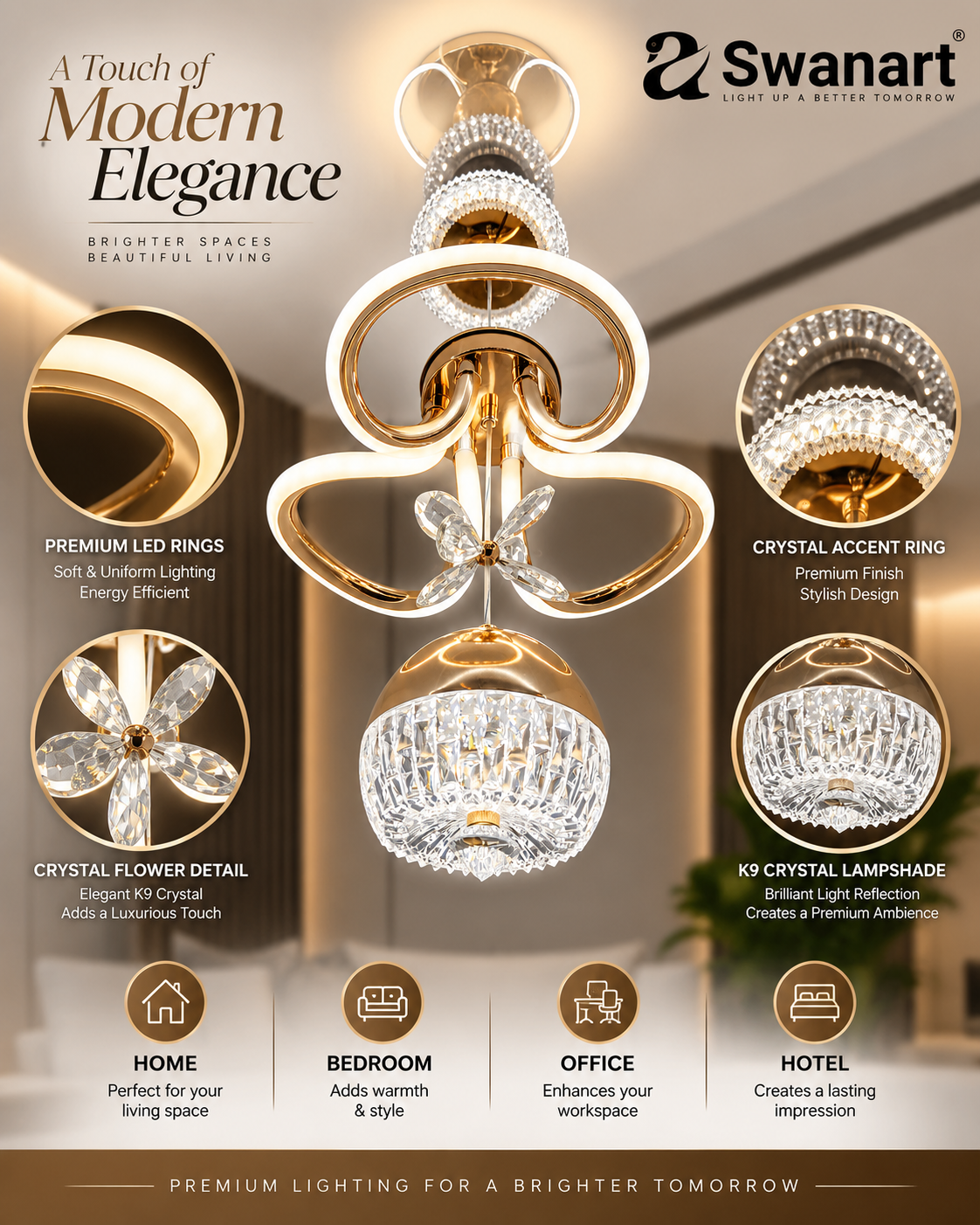 Swanart modern LED chandelier with crystal pendants, gold finish, dimmable ceiling light fixture for living, dining, or bedroom.