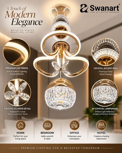 Swanart modern LED chandelier with crystal pendants, gold finish, dimmable ceiling light fixture for living, dining, or bedroom.