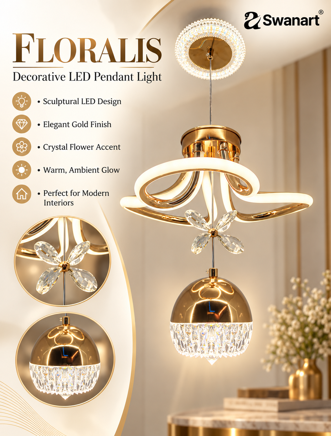 Swanart modern LED chandelier with crystal pendant, gold finish, dimmable ceiling light fixture for living, dining, or bedroom.