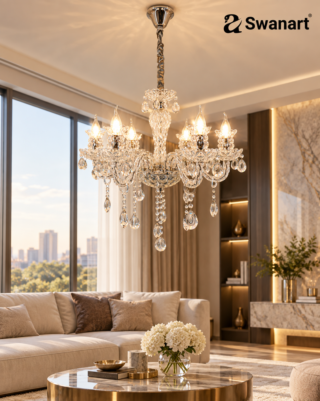Swanart elegant K9 crystal Italian chandelier with six lights, modern European design for living room, dining, or bedroom decor