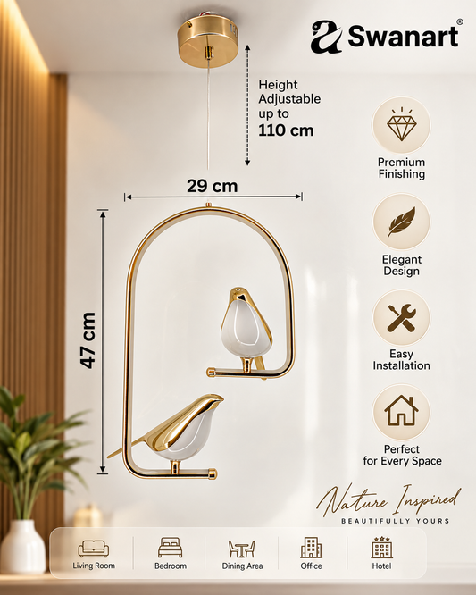 Swanart modern dual bird LED pendant light with gold finish hanging chandelier for living room, dining, or bedroom decor.