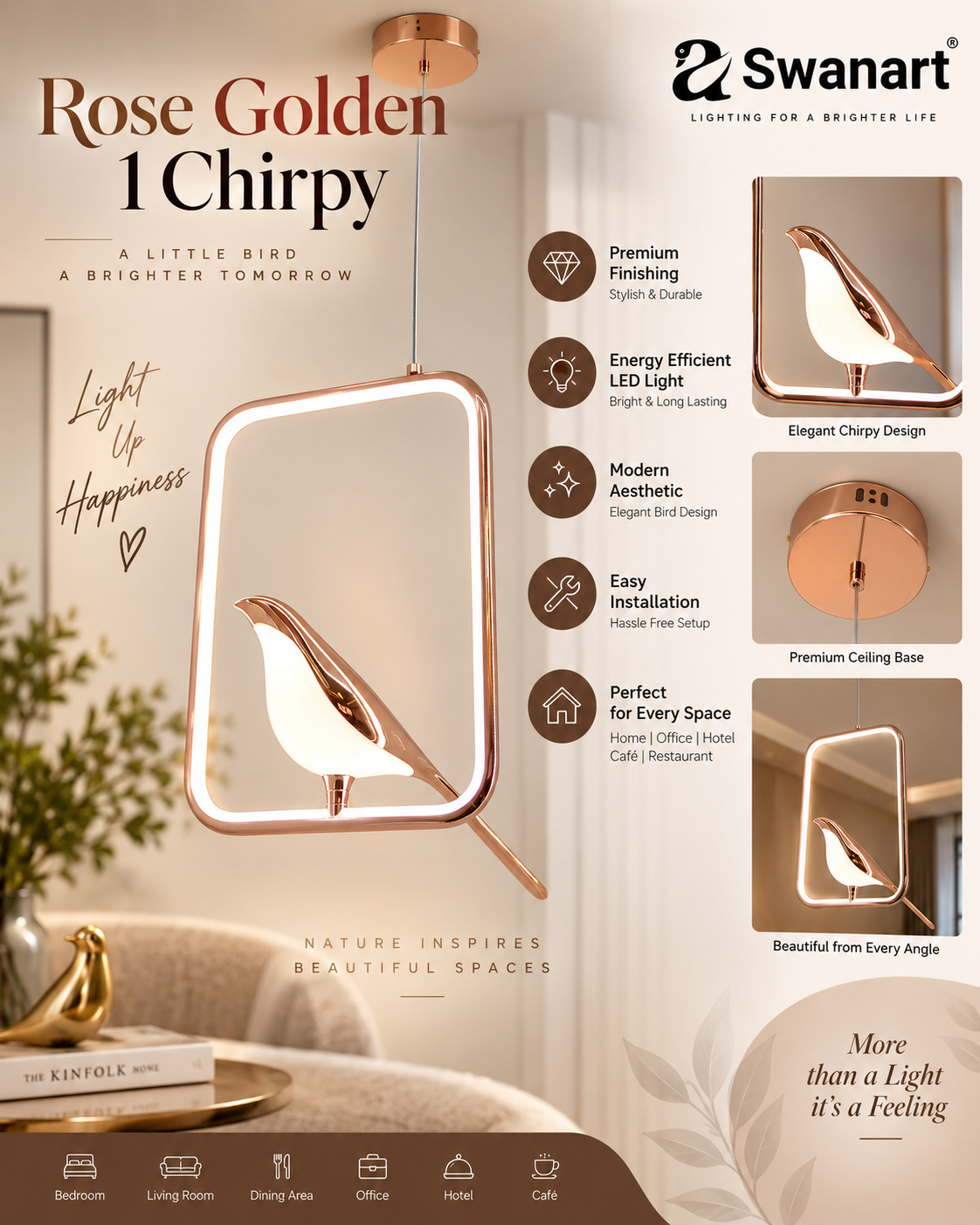 Swanart Metal Chirpy Elegant Pendant Light hanging ceiling lamp with modern design, suitable for dining and living room decor.