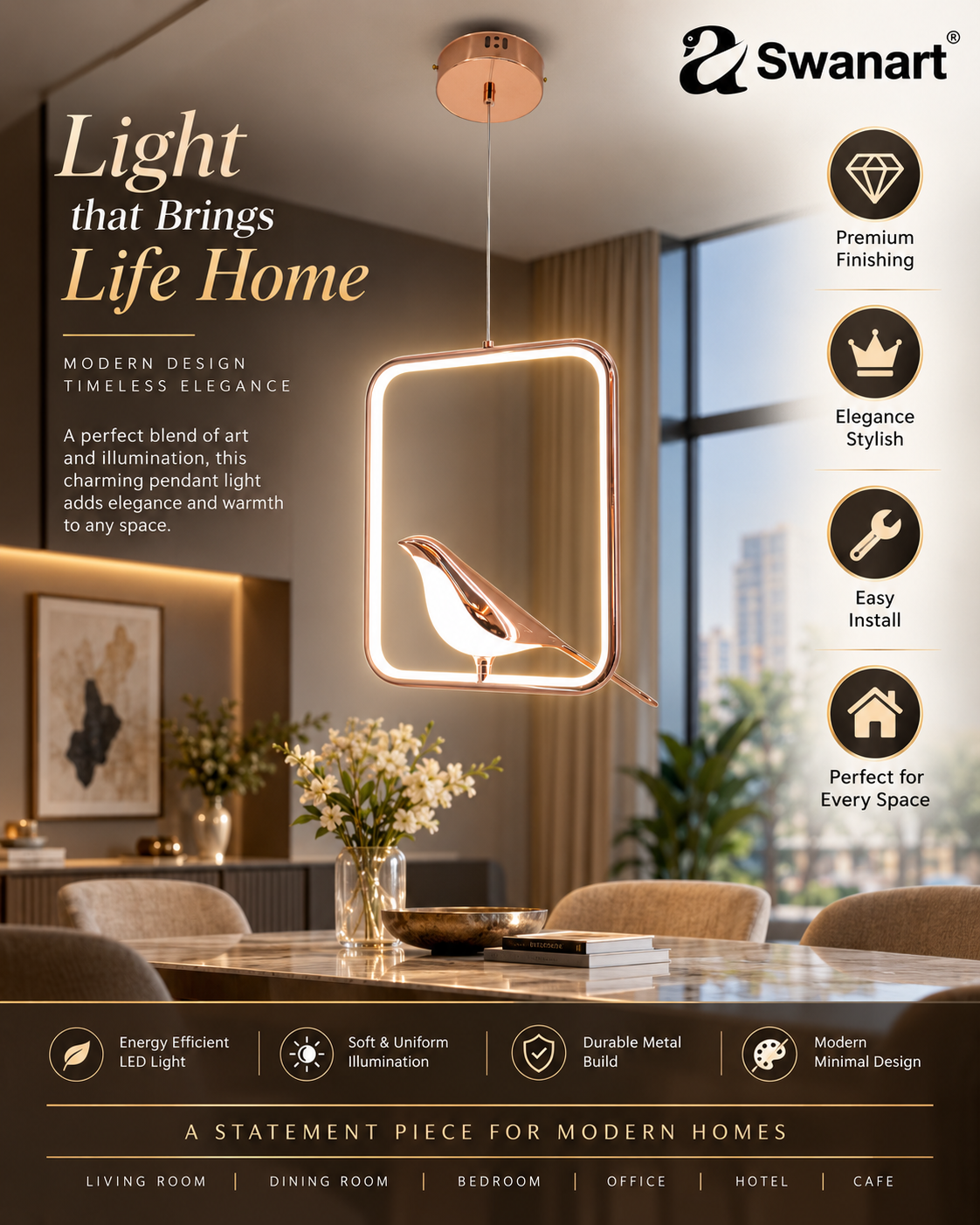 Swanart Metal Chirpy elegant pendant light hanging from ceiling, modern design for home decor, dining, and living room lighting