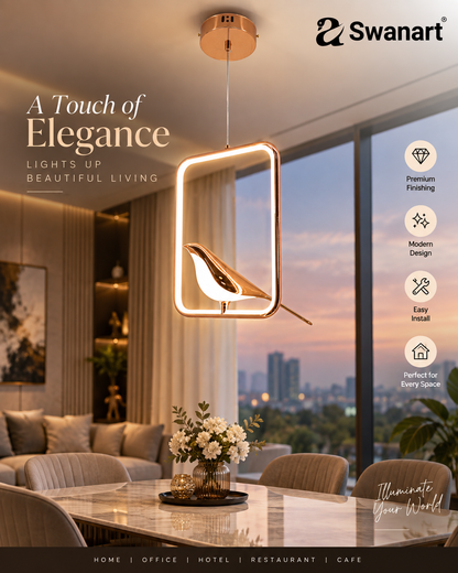 Swanart metal chirpy pendant light hanging from ceiling, modern elegant design for home decor, dining, and living room lighting