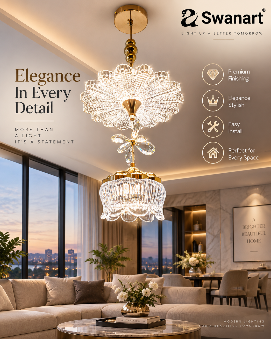 Swanart modern luxury crystal chandelier pendant light with gold finish, adjustable height ceiling lamp for dining, bedroom, or living room.