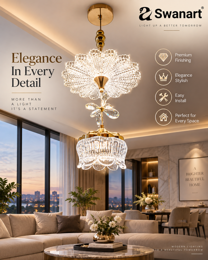 Swanart modern luxury crystal chandelier pendant light with gold finish, adjustable height ceiling lamp for dining, bedroom, or living room.