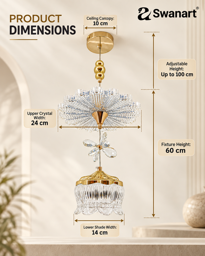 Swanart modern luxury crystal chandelier pendant light with gold finish, adjustable height ceiling lamp for dining, bedroom, or living room.